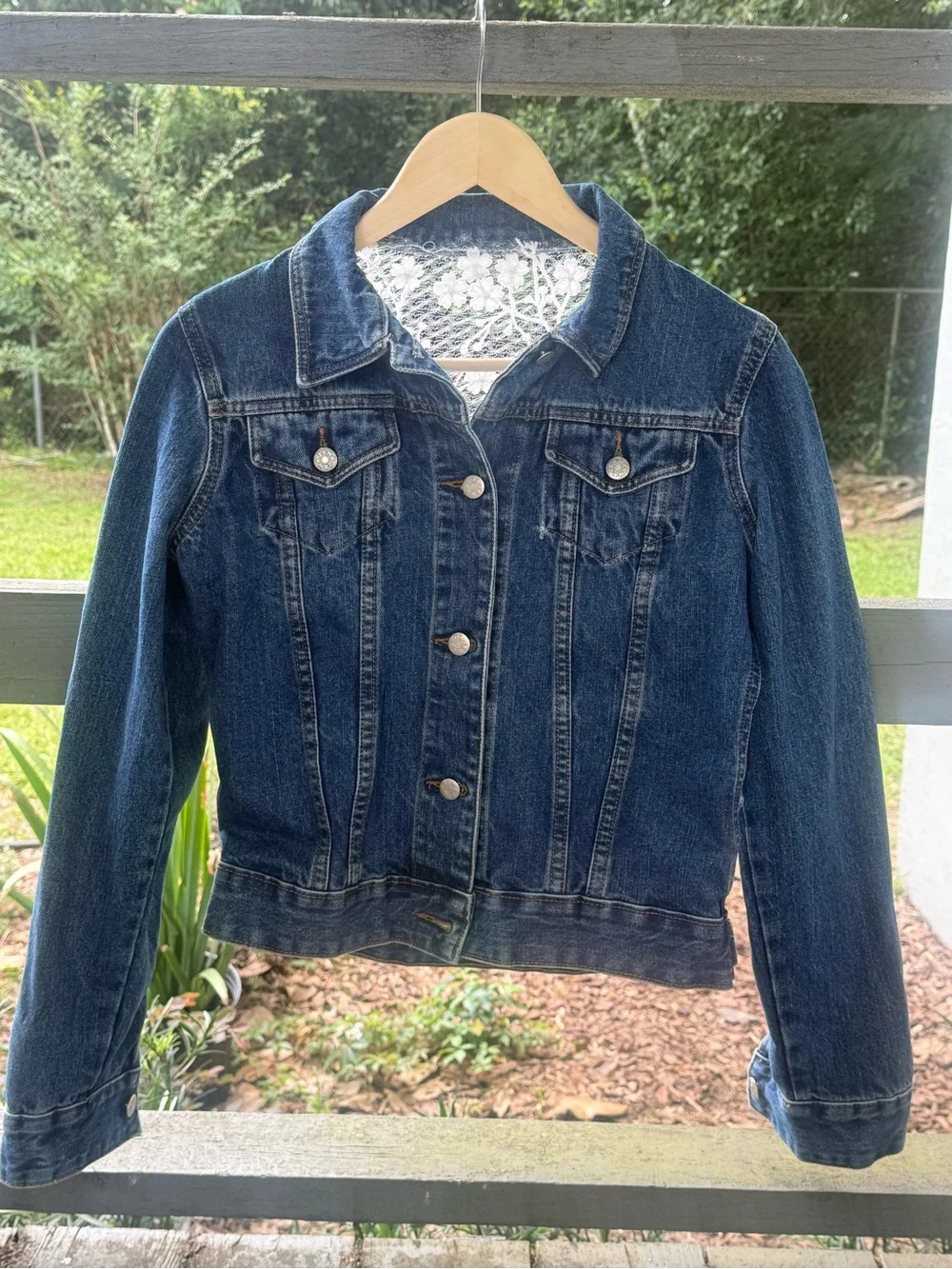 Upcycled one of a kind Women’s Dark Blue Denim Jacket with White Lace Back